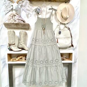 Sage green prairie eyelit boho dress w country shabby chic farmhouse vibe